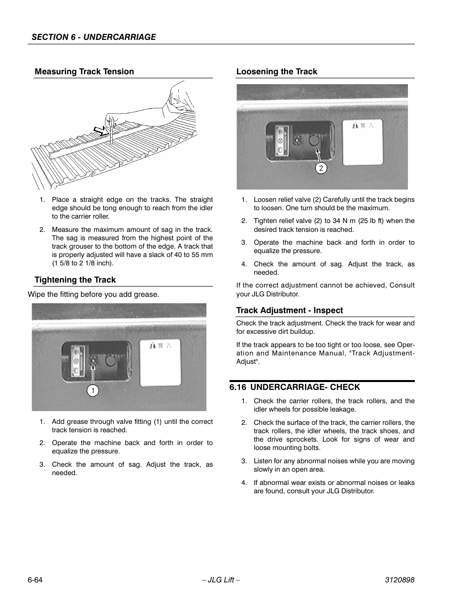 Measuring track tension, Tightening the track, Loosening the track | Track adjustment - inspect, 16 undercarriage- check, Undercarriage- check -64 | JLG 600SC_660SJC Service Manual User Manual | Page 168 / 186