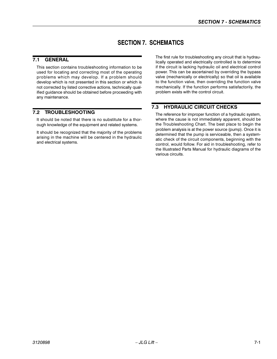 Section 7. schematics, 1 general, 2 troubleshooting | 3 hydraulic circuit checks, Section 7 - schematics, General -1, Troubleshooting -1, Hydraulic circuit checks -1 | JLG 600SC_660SJC Service Manual User Manual | Page 169 / 186