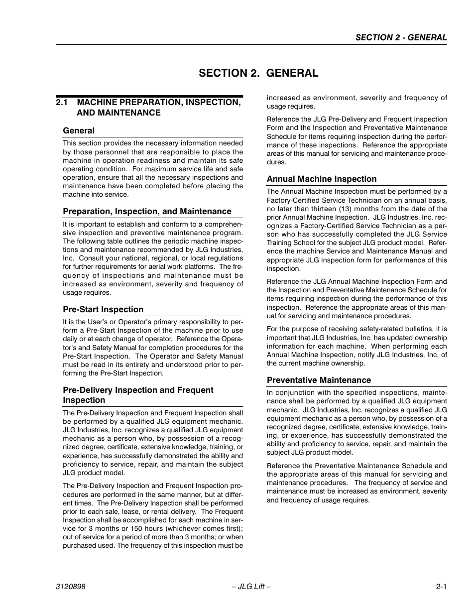 Section 2. general, 1 machine preparation, inspection, and maintenance, General | Preparation, inspection, and maintenance, Pre-start inspection, Pre-delivery inspection and frequent inspection, Annual machine inspection, Preventative maintenance, Section 2 - general | JLG 600SC_660SJC Service Manual User Manual | Page 23 / 186