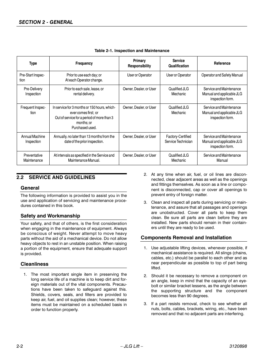 2 service and guidelines, General, Safety and workmanship | Cleanliness, Components removal and installation, Service and guidelines -2, Inspection and maintenance -2 | JLG 600SC_660SJC Service Manual User Manual | Page 24 / 186