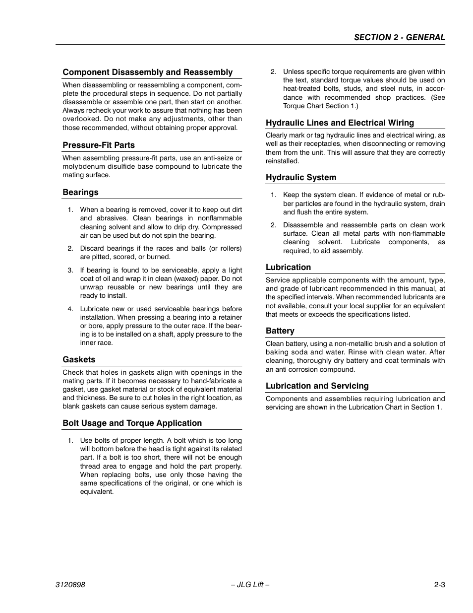 Component disassembly and reassembly, Pressure-fit parts, Bearings | Gaskets, Bolt usage and torque application, Hydraulic lines and electrical wiring, Hydraulic system, Lubrication, Battery, Lubrication and servicing | JLG 600SC_660SJC Service Manual User Manual | Page 25 / 186