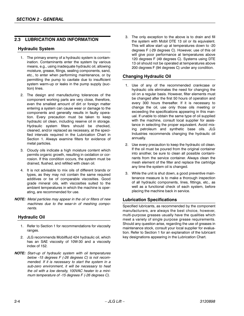 3 lubrication and information, Hydraulic system, Hydraulic oil | Changing hydraulic oil, Lubrication specifications, Lubrication and information -4 | JLG 600SC_660SJC Service Manual User Manual | Page 26 / 186
