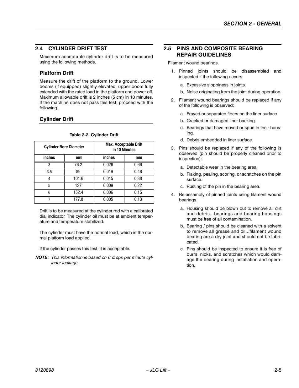 4 cylinder drift test, Platform drift, Cylinder drift | 5 pins and composite bearing repair guidelines, Cylinder drift test -5, Platform drift -5 cylinder drift -5, Pins and composite bearing repair guidelines -5, Cylinder drift -5 | JLG 600SC_660SJC Service Manual User Manual | Page 27 / 186