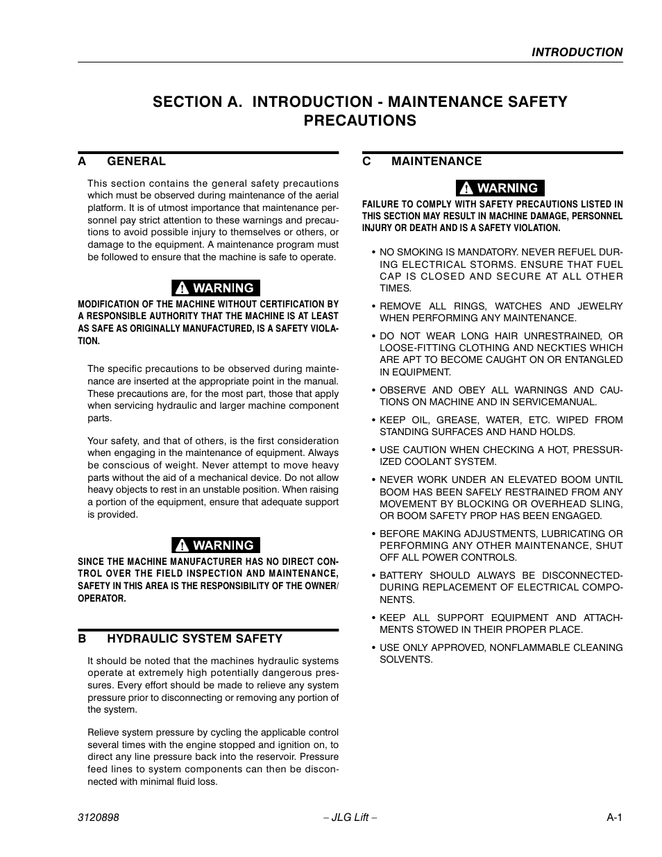 A general, B hydraulic system safety, C maintenance | JLG 600SC_660SJC Service Manual User Manual | Page 3 / 186