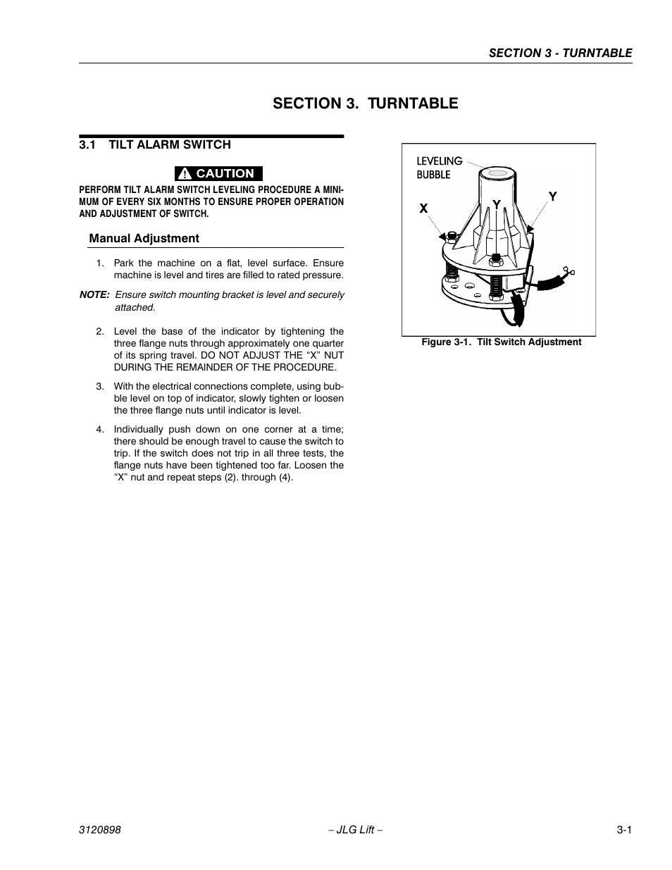 Section 3. turntable, 1 tilt alarm switch, Manual adjustment | Section 3 - turntable, Tilt alarm switch -1, Manual adjustment -1, Tilt switch adjustment -1 | JLG 600SC_660SJC Service Manual User Manual | Page 31 / 186