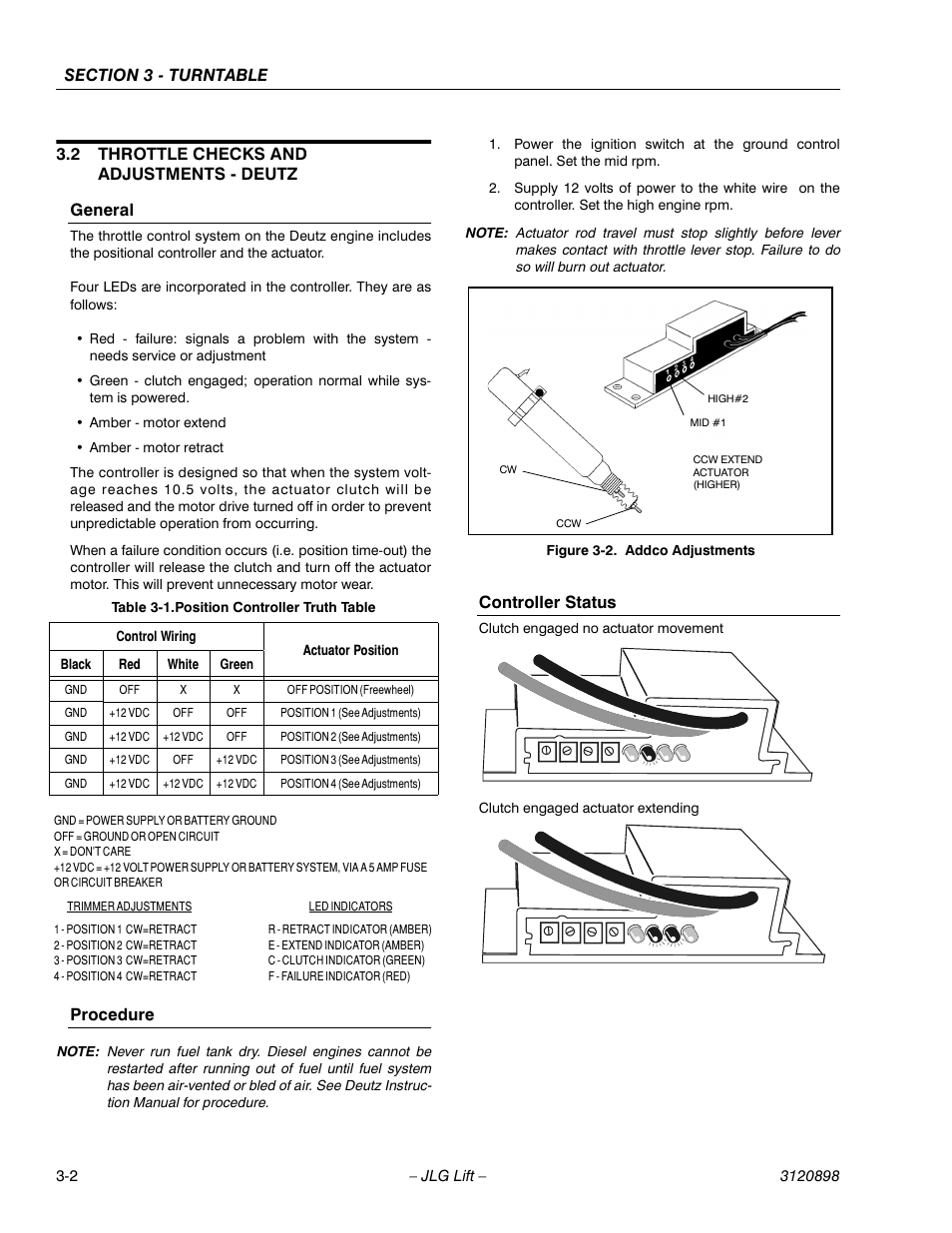 2 throttle checks and adjustments - deutz, General, Procedure | Controller status, Throttle checks and adjustments - deutz -2, General -2 procedure -2 controller status -2, Addco adjustments -2, Position controller truth table -2, 2 throttle checks and adjustments - deutz general | JLG 600SC_660SJC Service Manual User Manual | Page 32 / 186