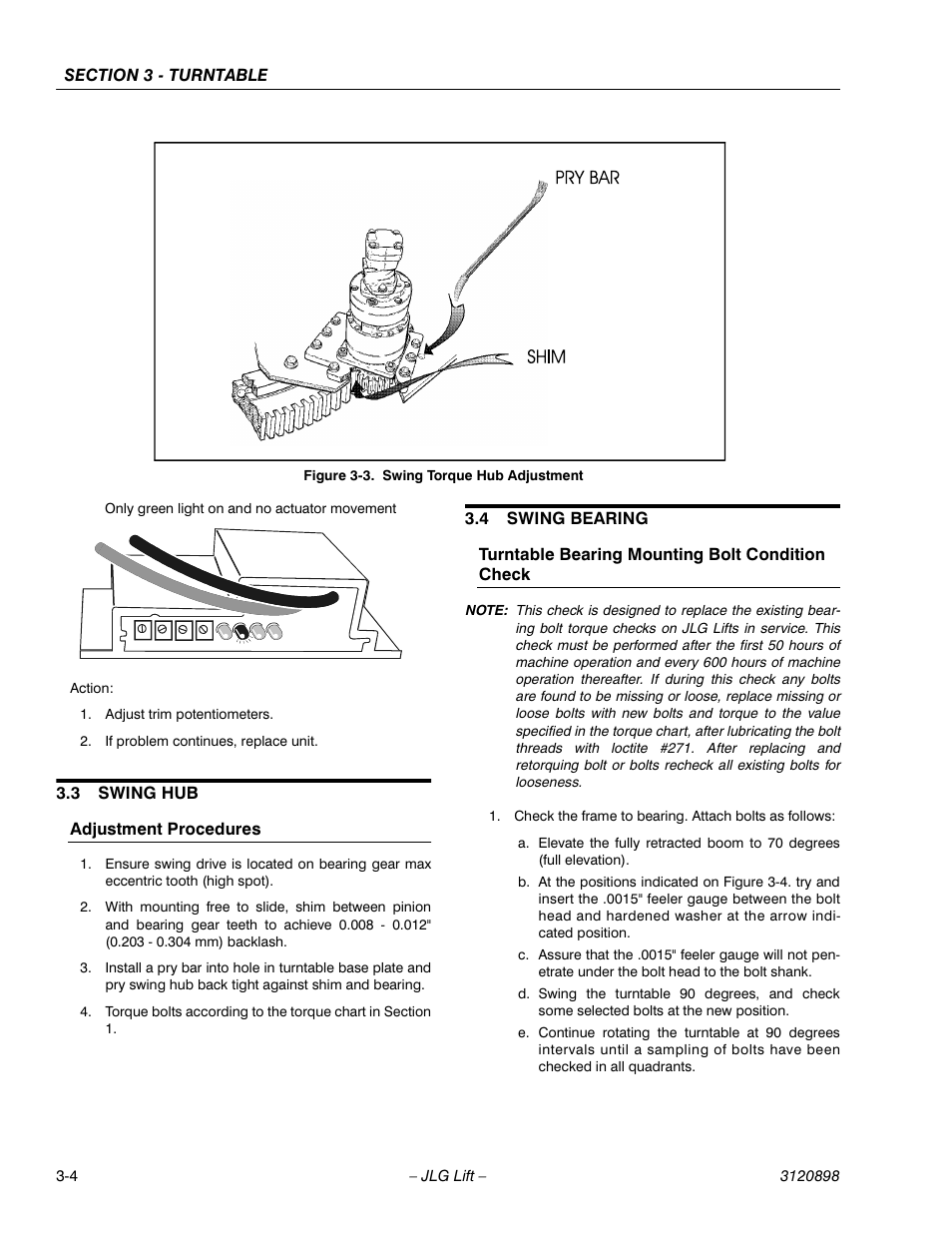 3 swing hub, Adjustment procedures, 4 swing bearing | Turntable bearing mounting bolt condition check, Swing hub -4, Adjustment procedures -4, Swing bearing -4, Turntable bearing mounting bolt condition check -4, Swing torque hub adjustment -4 | JLG 600SC_660SJC Service Manual User Manual | Page 34 / 186