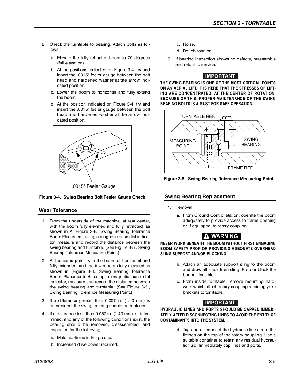 Wear tolerance, Swing bearing replacement, Wear tolerance -5 swing bearing replacement -5 | Swing bearing bolt feeler gauge check -5, Swing bearing tolerance measuring point -5 | JLG 600SC_660SJC Service Manual User Manual | Page 35 / 186