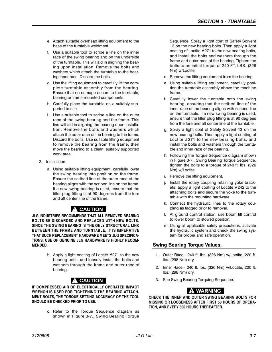 Swing bearing torque values, Swing bearing torque values -7 | JLG 600SC_660SJC Service Manual User Manual | Page 37 / 186