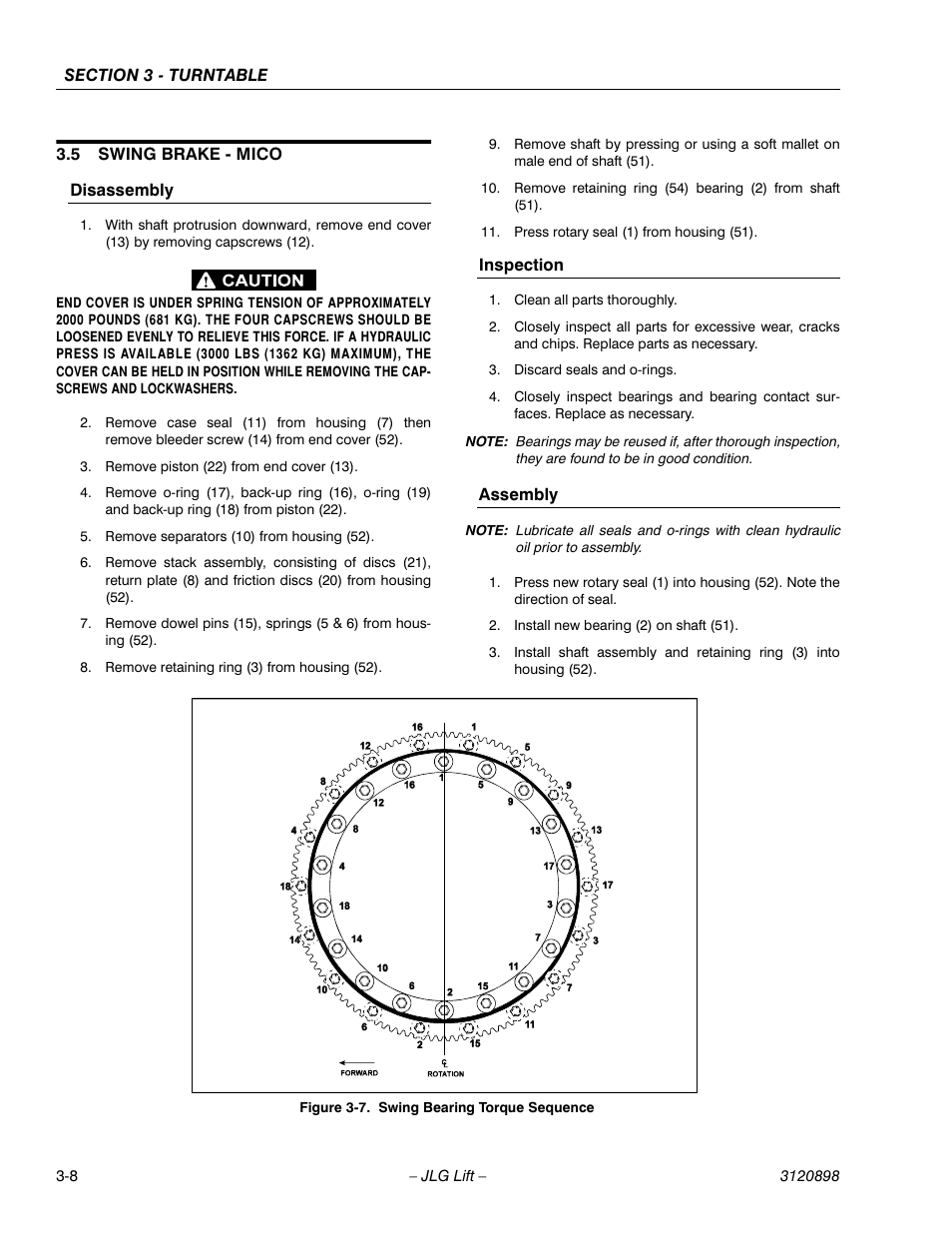 5 swing brake - mico, Disassembly, Inspection | Assembly, Swing brake - mico -8, Disassembly -8 inspection -8 assembly -8, Swing bearing torque sequence -8 | JLG 600SC_660SJC Service Manual User Manual | Page 38 / 186