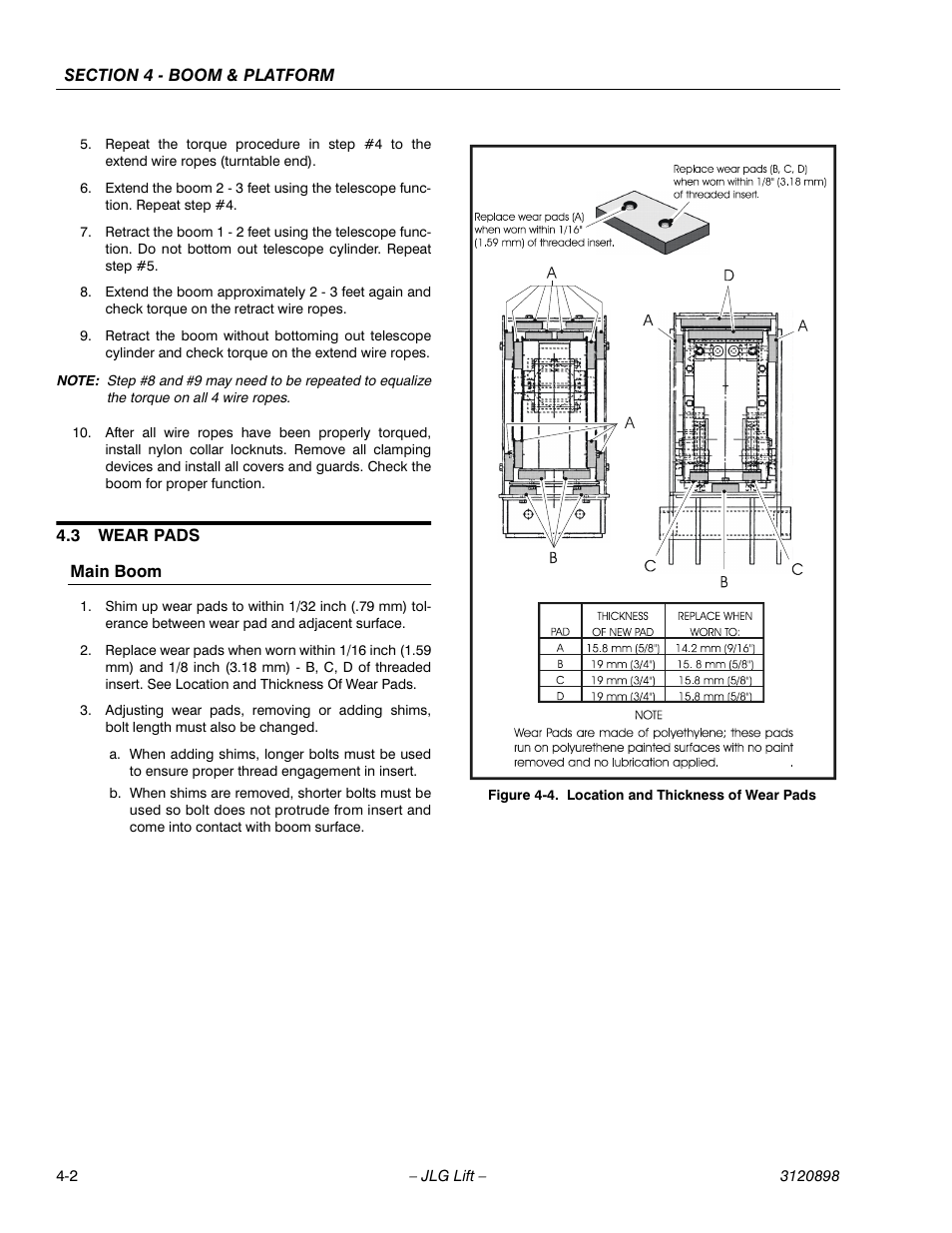 3 wear pads, Main boom, Wear pads -2 | Main boom -2, Location and thickness of wear pads -2 | JLG 600SC_660SJC Service Manual User Manual | Page 42 / 186