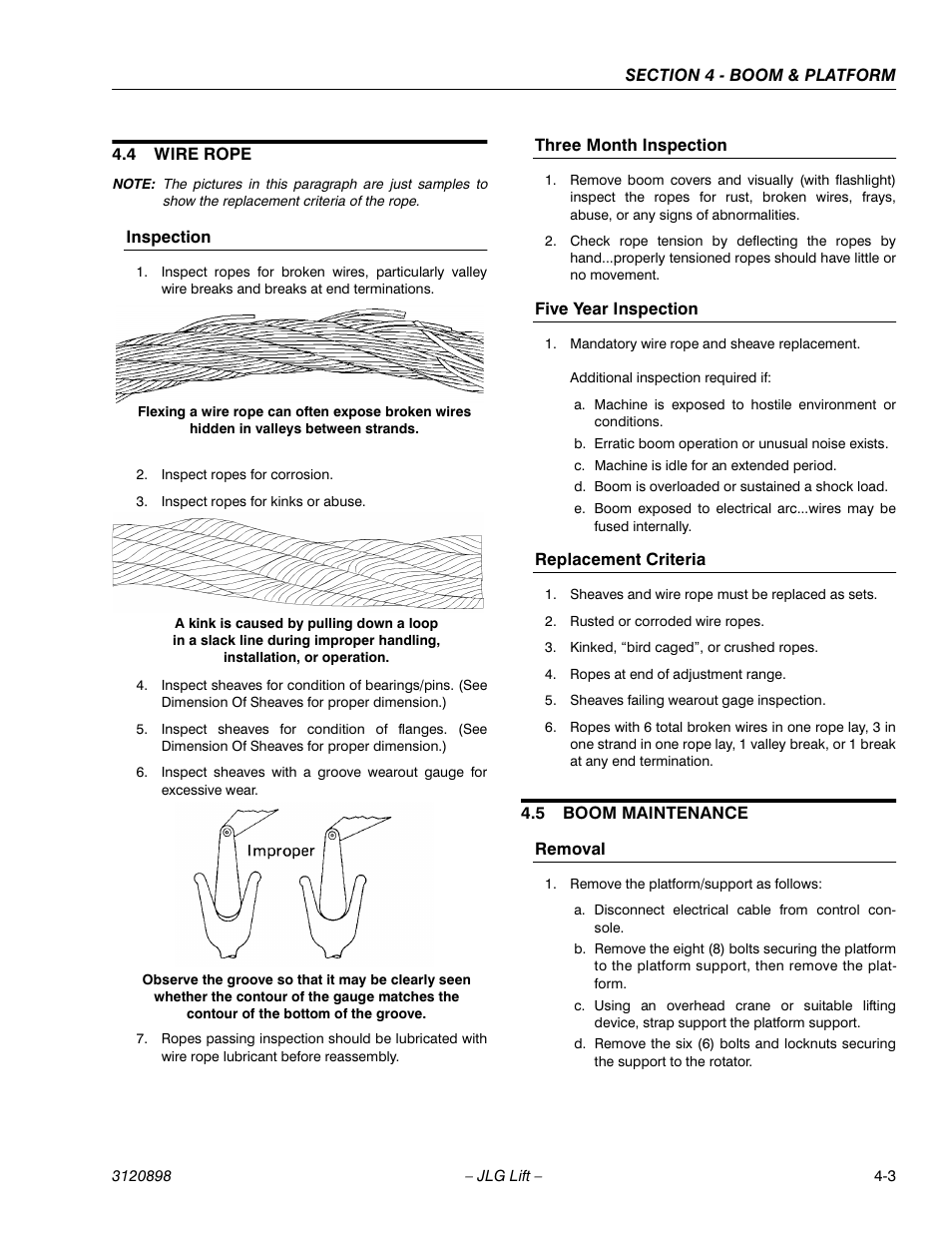 4 wire rope, Inspection, Three month inspection | Five year inspection, Replacement criteria, 5 boom maintenance, Removal, Wire rope -3, Boom maintenance -3, Removal -3 | JLG 600SC_660SJC Service Manual User Manual | Page 43 / 186