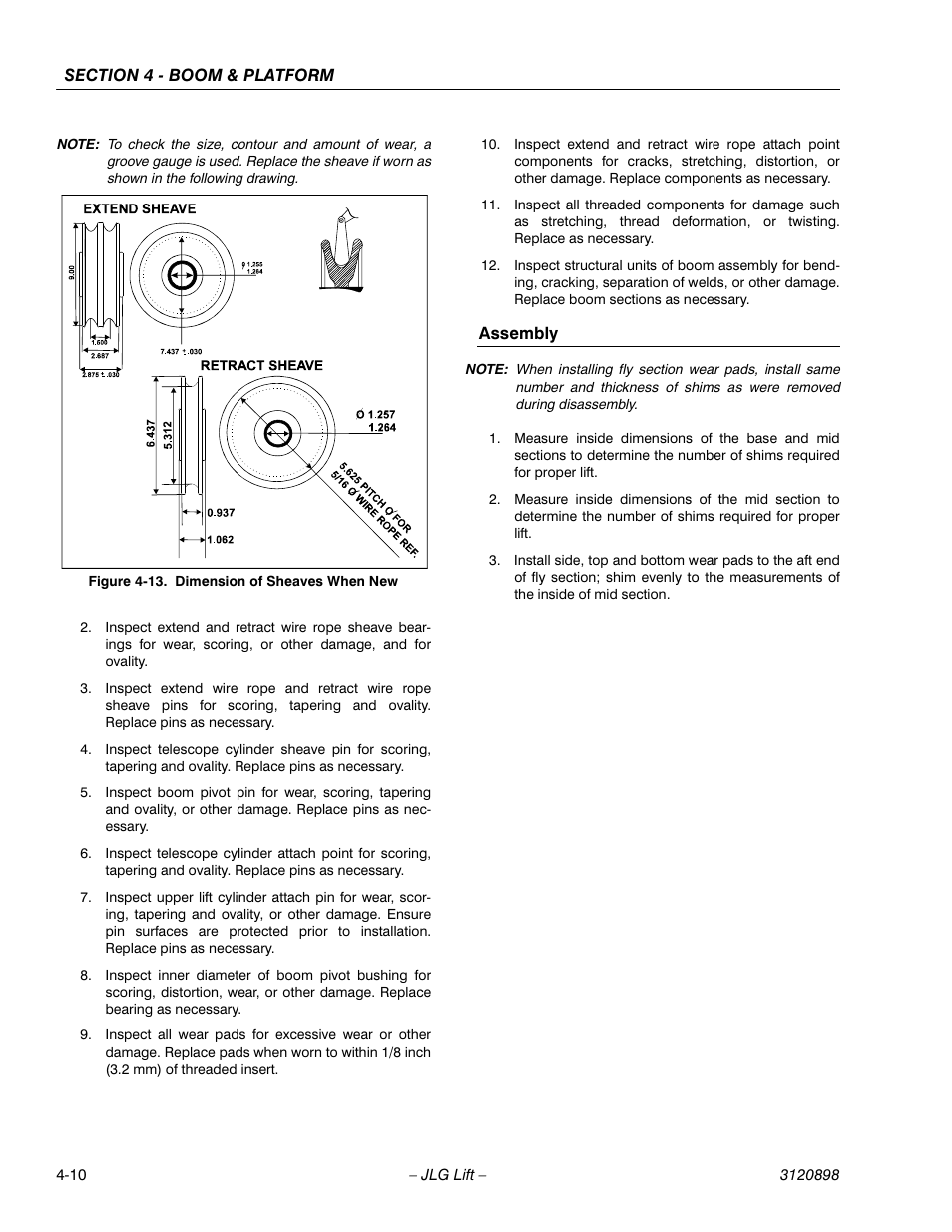 Assembly, Assembly -10, Dimension of sheaves when new -10 | JLG 600SC_660SJC Service Manual User Manual | Page 50 / 186