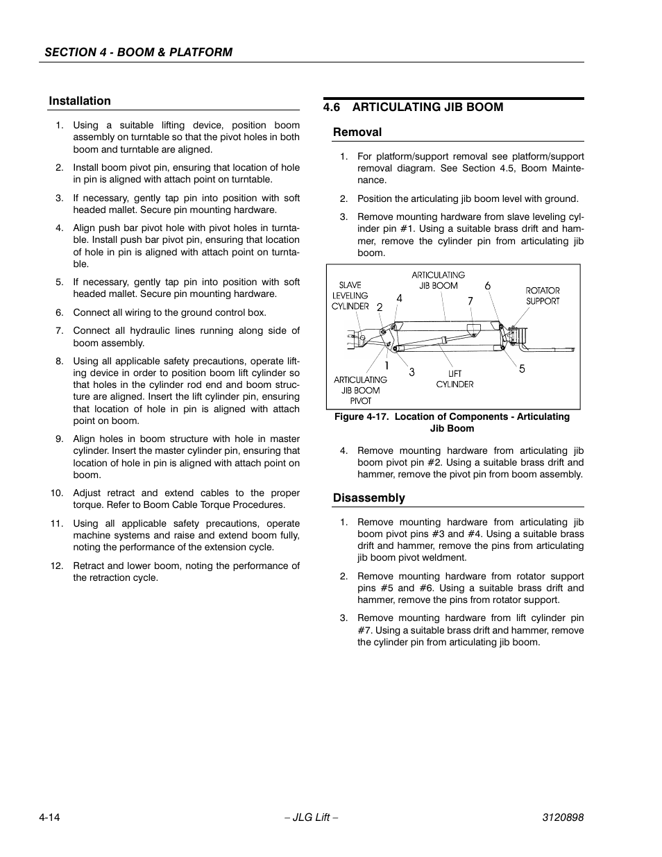 Installation, 6 articulating jib boom, Removal | Disassembly, Installation -14, Articulating jib boom -14, Removal -14 disassembly -14, Location of components - articulating jib boom -14 | JLG 600SC_660SJC Service Manual User Manual | Page 54 / 186