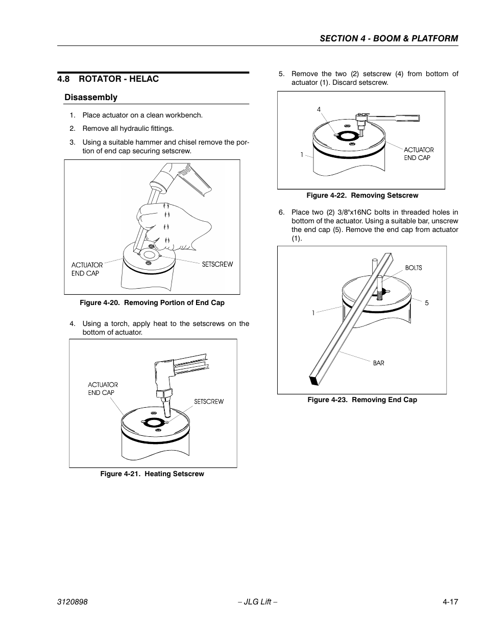 8 rotator - helac, Disassembly, Rotator - helac -17 | Disassembly -17, Removing portion of end cap -17, Heating setscrew -17, Removing setscrew -17, Removing end cap -17 | JLG 600SC_660SJC Service Manual User Manual | Page 57 / 186