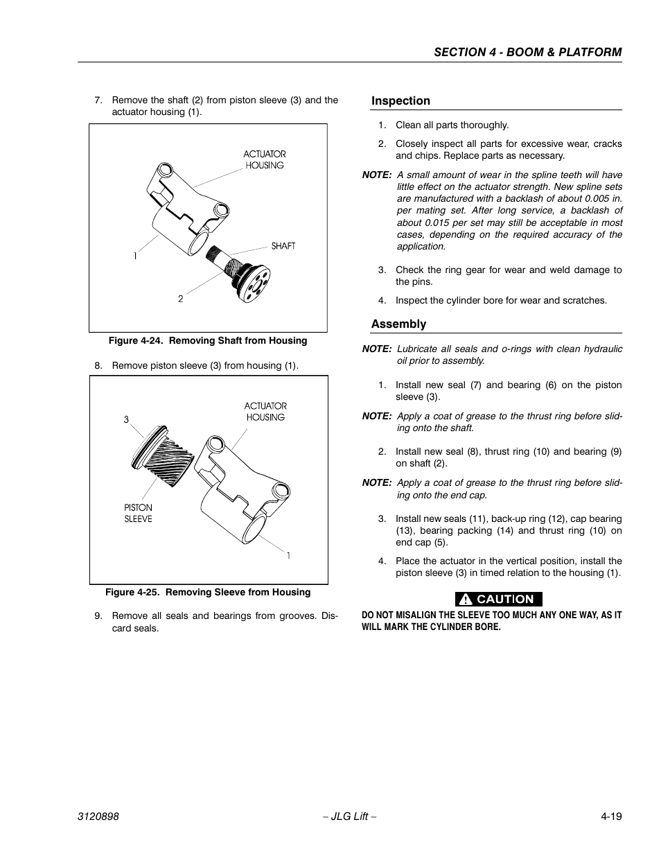 Inspection, Assembly, Inspection -19 assembly -19 | Removing shaft from housing -19, Removing sleeve from housing -19 | JLG 600SC_660SJC Service Manual User Manual | Page 59 / 186