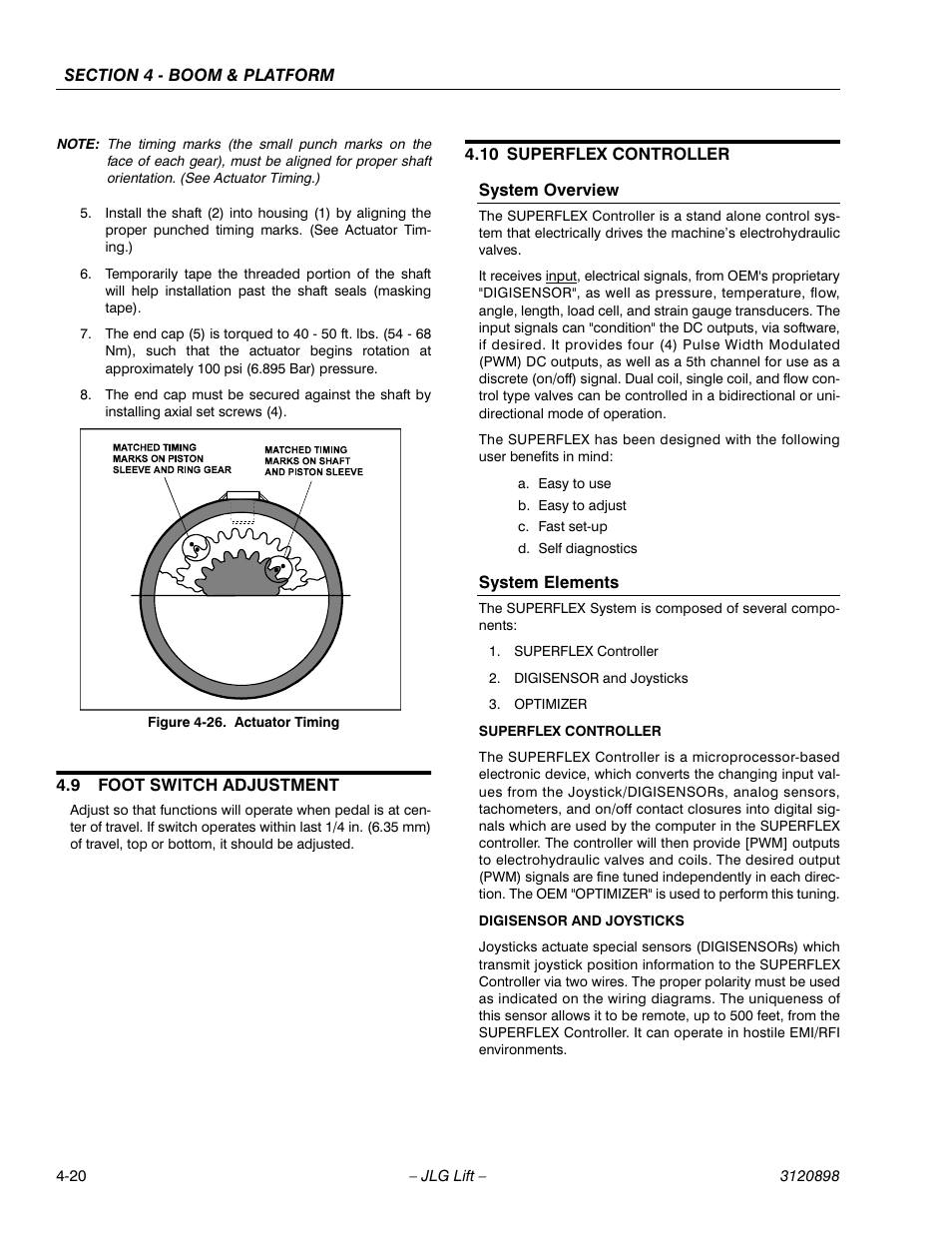 9 foot switch adjustment, 10 superflex controller, System overview | System elements, Foot switch adjustment -20, Superflex controller -20, System overview -20 system elements -20, Actuator timing -20 | JLG 600SC_660SJC Service Manual User Manual | Page 60 / 186