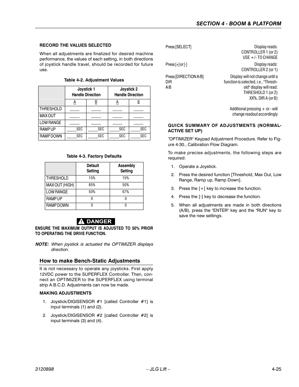 How to make bench-static adjustments, How to make bench-static adjustments -25, Adjustment values -25 | Factory defaults -25 | JLG 600SC_660SJC Service Manual User Manual | Page 65 / 186