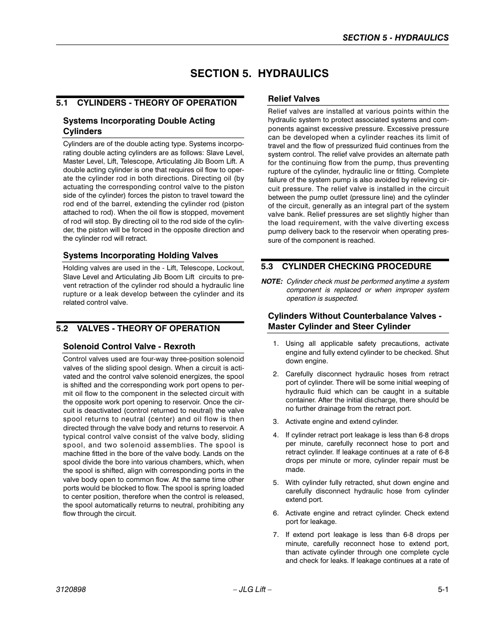 Section 5. hydraulics, 1 cylinders - theory of operation, Systems incorporating double acting cylinders | Systems incorporating holding valves, 2 valves - theory of operation, Solenoid control valve - rexroth, Relief valves, 3 cylinder checking procedure, Section 5 - hydraulics, Cylinders - theory of operation -1 | JLG 600SC_660SJC Service Manual User Manual | Page 87 / 186