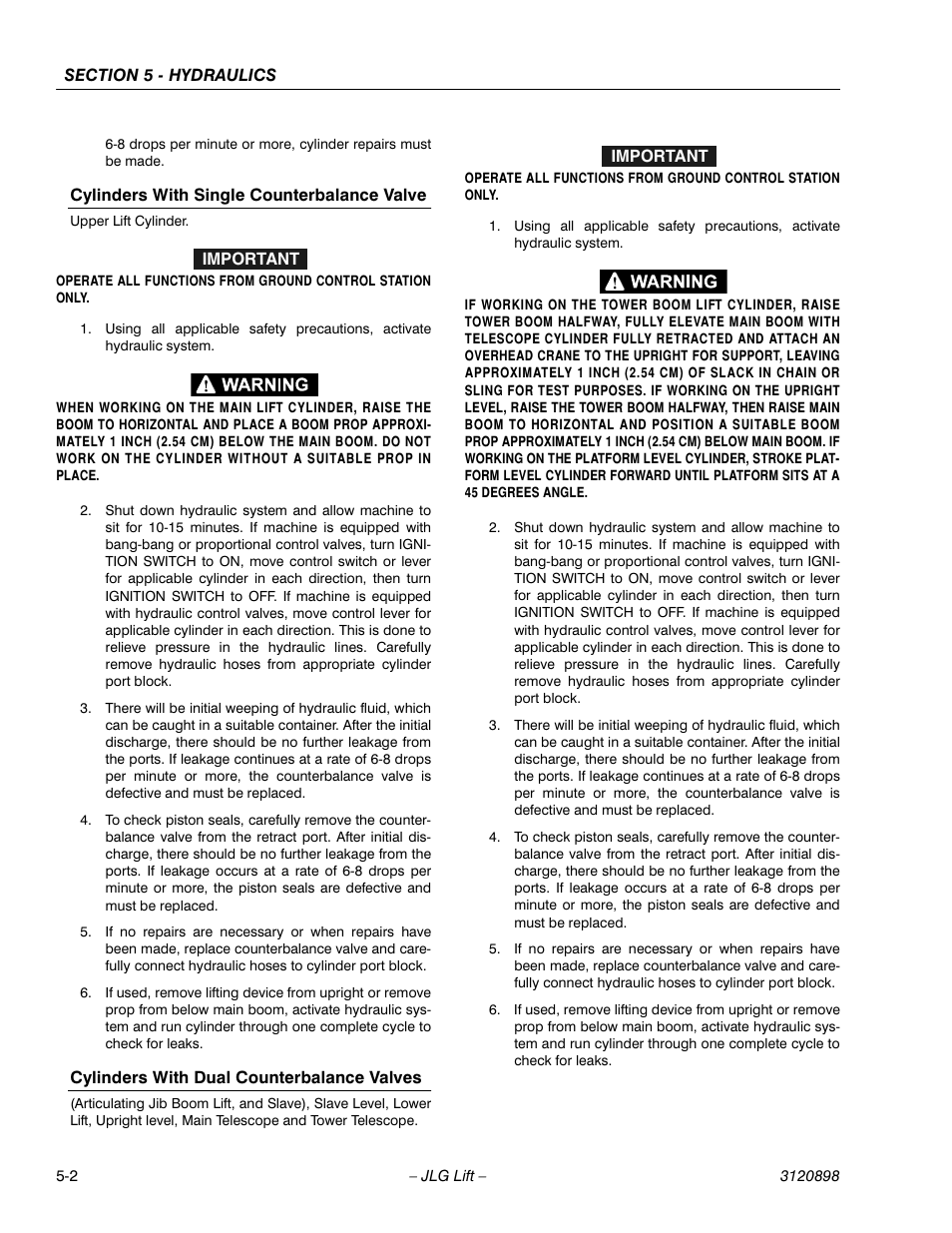 Cylinders with single counterbalance valve, Cylinders with dual counterbalance valves | JLG 600SC_660SJC Service Manual User Manual | Page 88 / 186