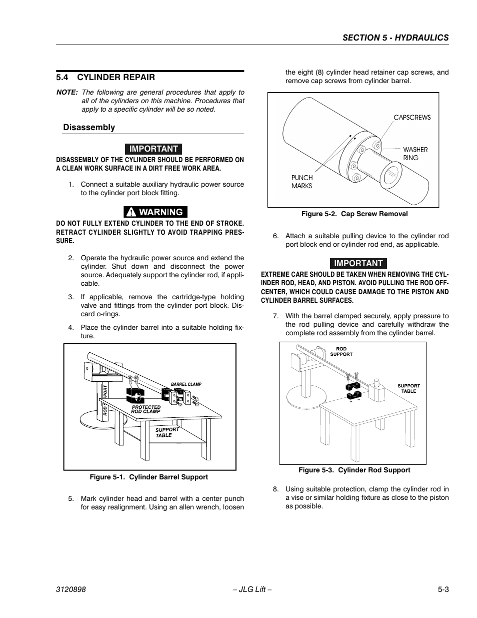 4 cylinder repair, Disassembly, Cylinder repair -3 | Disassembly -3, Cylinder barrel support -3, Cap screw removal -3, Cylinder rod support -3 | JLG 600SC_660SJC Service Manual User Manual | Page 89 / 186