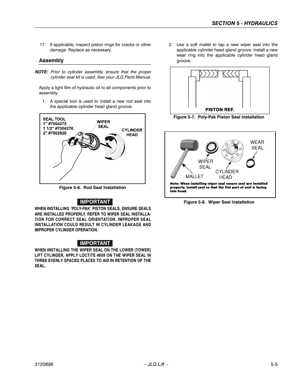 Assembly, Assembly -5, Rod seal installation -5 | Poly-pak piston seal installation -5, Wiper seal installation -5 | JLG 600SC_660SJC Service Manual User Manual | Page 91 / 186