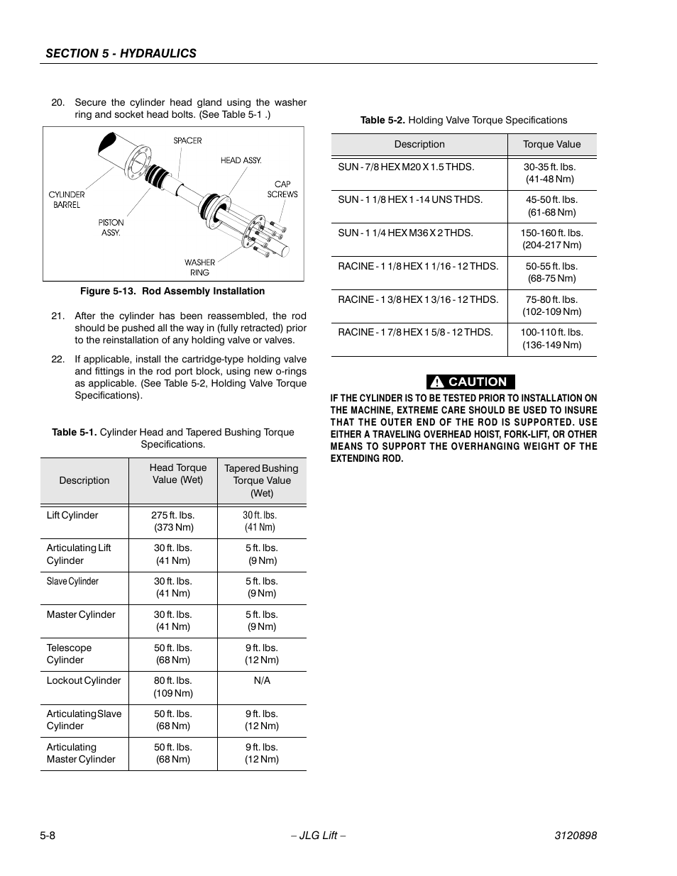 Rod assembly installation -8, Holding valve torque specifications -8 | JLG 600SC_660SJC Service Manual User Manual | Page 94 / 186