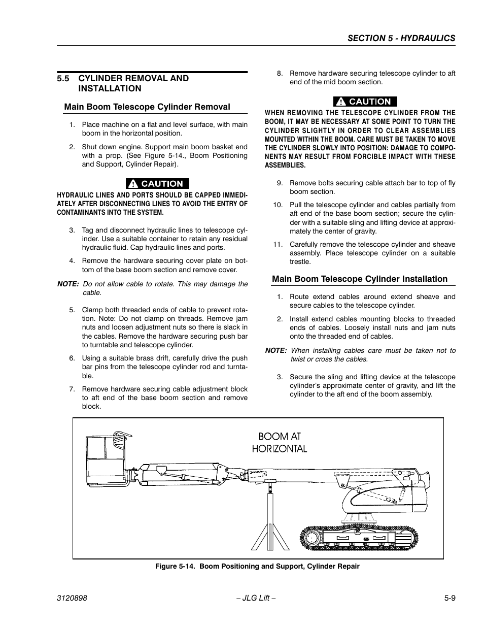 5 cylinder removal and installation, Main boom telescope cylinder removal, Main boom telescope cylinder installation | Cylinder removal and installation -9, Boom positioning and support, cylinder repair -9 | JLG 600SC_660SJC Service Manual User Manual | Page 95 / 186