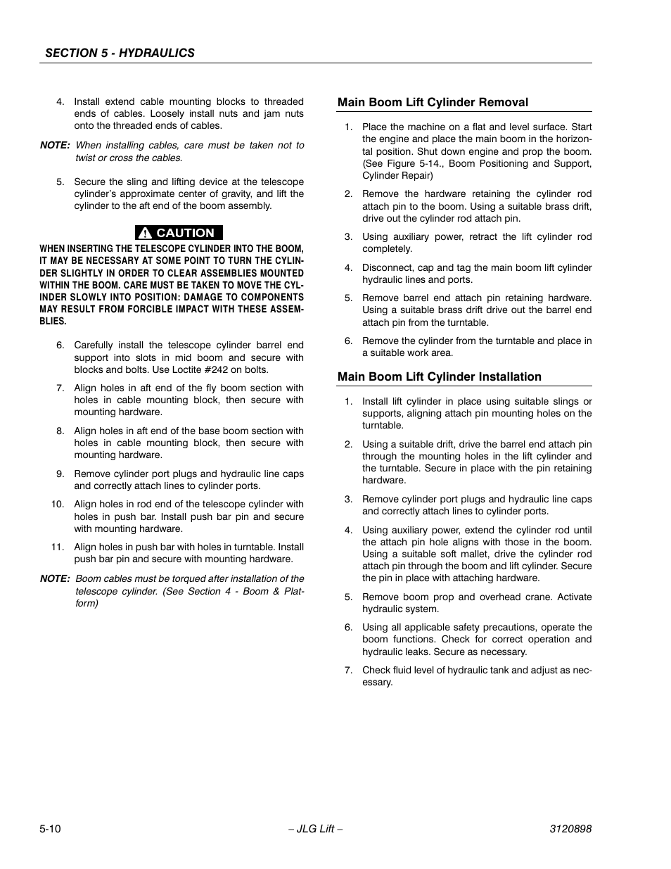 Main boom lift cylinder removal, Main boom lift cylinder installation | JLG 600SC_660SJC Service Manual User Manual | Page 96 / 186