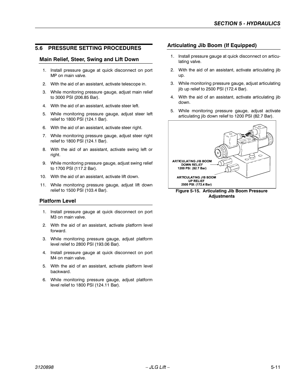 6 pressure setting procedures, Main relief, steer, swing and lift down, Platform level | Articulating jib boom (if equipped), Pressure setting procedures -11, Articulating jib boom pressure adjustments -11 | JLG 600SC_660SJC Service Manual User Manual | Page 97 / 186