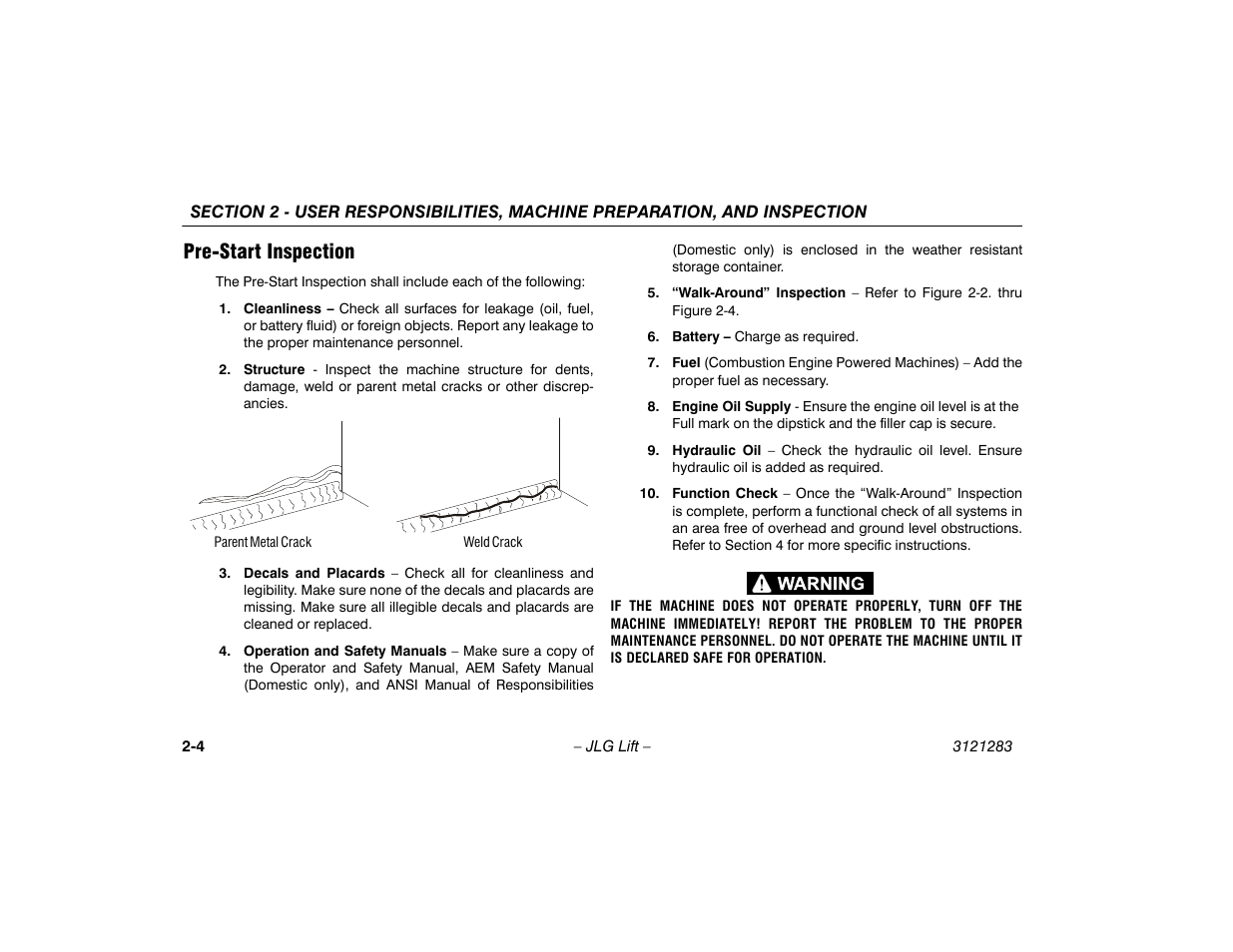 Pre-start inspection, Pre-start inspection -4 | JLG 18RS Operator Manual User Manual | Page 24 / 92