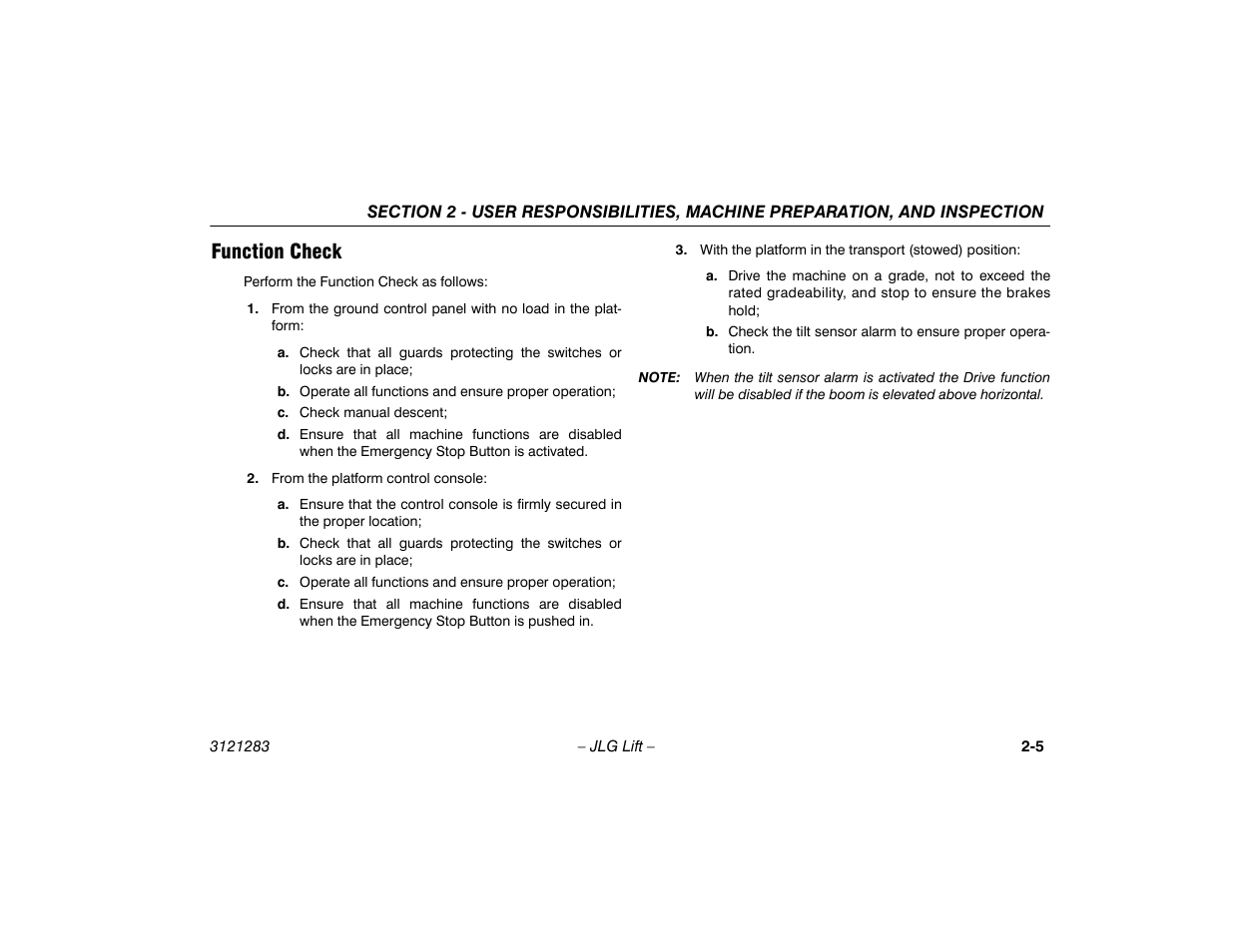 Function check, Function check -5 | JLG 18RS Operator Manual User Manual | Page 25 / 92