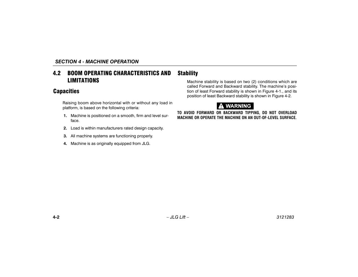 2 boom operating characteristics and limitations, Capacities, Stability | 2 boom operating characteristics and, Limitations -2, Capacities -2 stability -2 | JLG 18RS Operator Manual User Manual | Page 46 / 92
