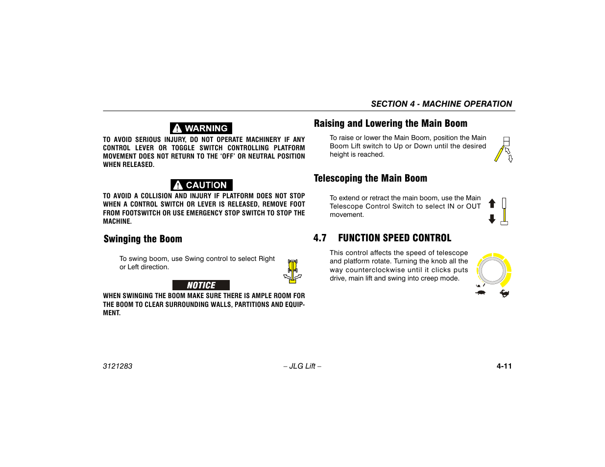 Swinging the boom, Raising and lowering the main boom, Telescoping the main boom | 7 function speed control, 7 function speed control -11 | JLG 18RS Operator Manual User Manual | Page 55 / 92