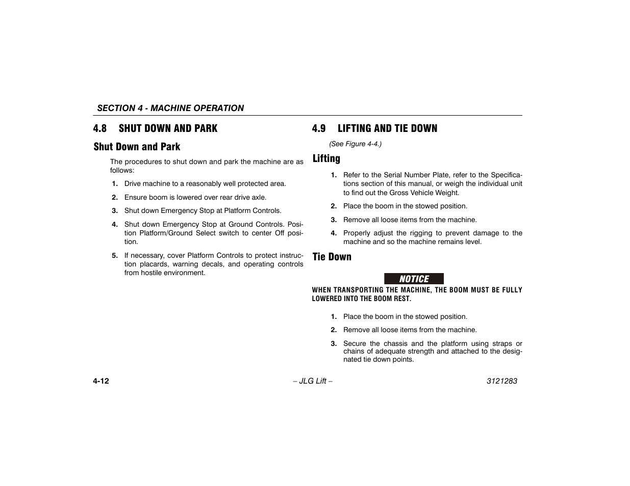8 shut down and park, Shut down and park, 9 lifting and tie down | Lifting, Tie down, 8 shut down and park -12, Shut down and park -12, 9 lifting and tie down -12, Lifting -12 tie down -12, 8 shut down and park shut down and park | JLG 18RS Operator Manual User Manual | Page 56 / 92