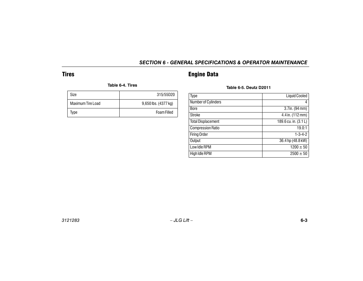 Tires, Engine data, Tires -3 engine data -3 | Tires -3, Deutz d2011 -3, Tires engine data | JLG 18RS Operator Manual User Manual | Page 73 / 92