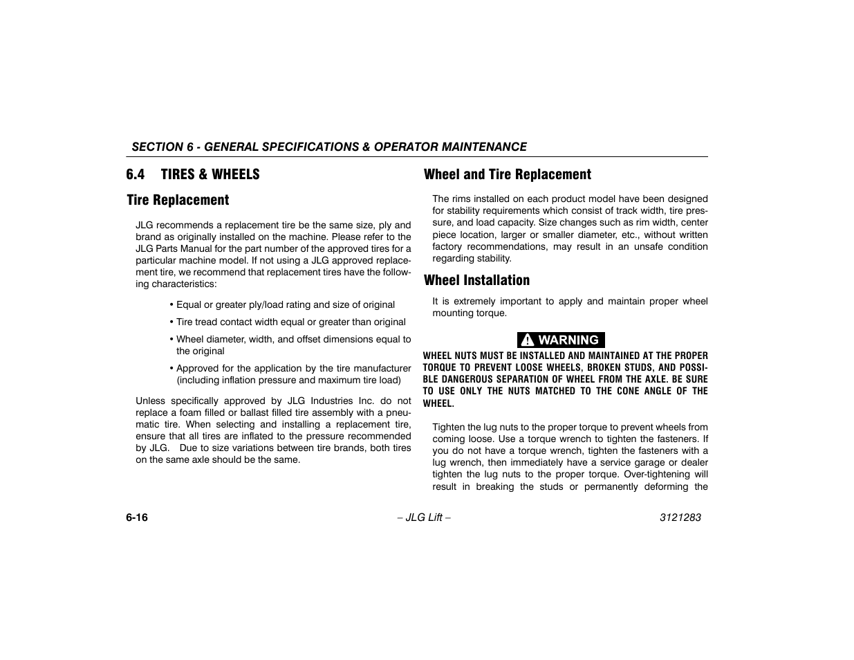 4 tires & wheels, Tire replacement, Wheel and tire replacement | Wheel installation, 4 tires & wheels -16, 4 tires & wheels tire replacement | JLG 18RS Operator Manual User Manual | Page 86 / 92