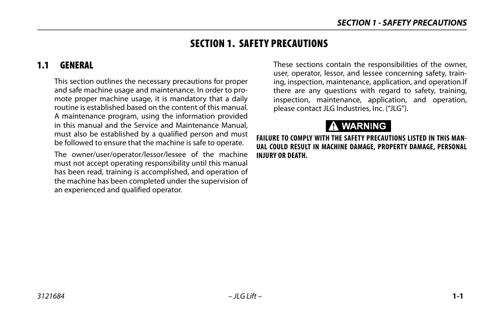 Section 1. safety precautions, 1 general, Section - 1 - safety precautions | General -1 | JLG R6 User Manual | Page 11 / 92