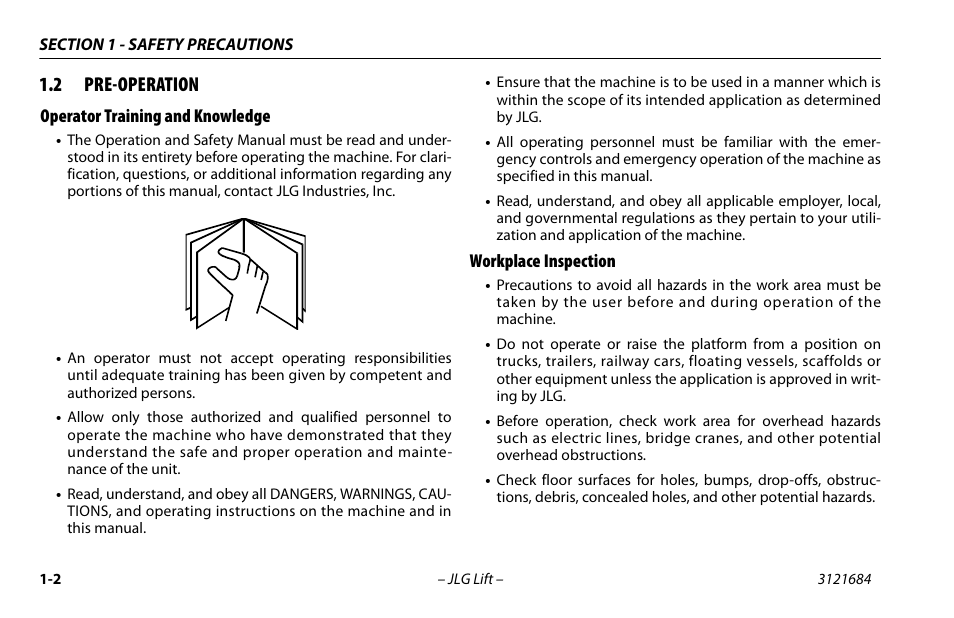2 pre-operation, Operator training and knowledge, Workplace inspection | Pre-operation -2 | JLG R6 User Manual | Page 12 / 92