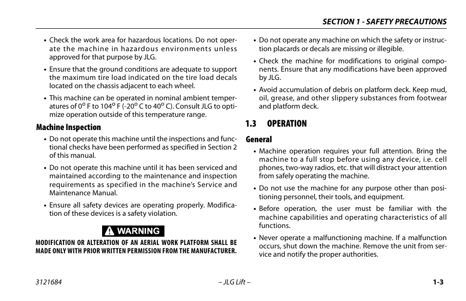 Machine inspection, 3 operation, General | Machine inspection -3, Operation -3, General -3 | JLG R6 User Manual | Page 13 / 92