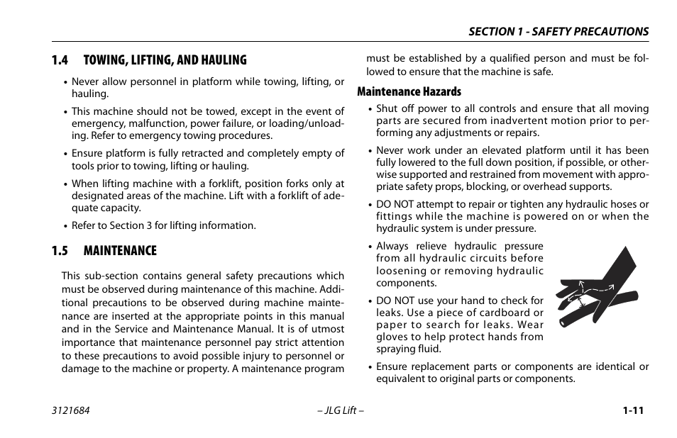 4 towing, lifting, and hauling, 5 maintenance, Maintenance hazards | Towing, lifting, and hauling -11, Maintenance -11, Maintenance hazards -11 | JLG R6 User Manual | Page 21 / 92