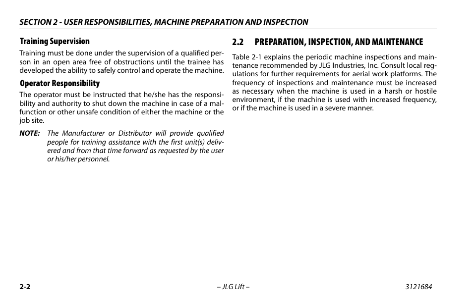 Training supervision, Operator responsibility, 2 preparation, inspection, and maintenance | Training supervision -2 operator responsibility -2, Preparation, inspection, and maintenance -2 | JLG R6 User Manual | Page 24 / 92