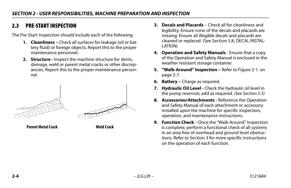 3 pre-start inspection, Pre-start inspection -4 | JLG R6 User Manual | Page 26 / 92