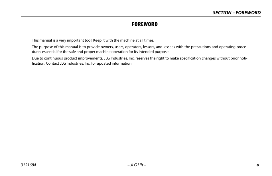 Foreword | JLG R6 User Manual | Page 3 / 92