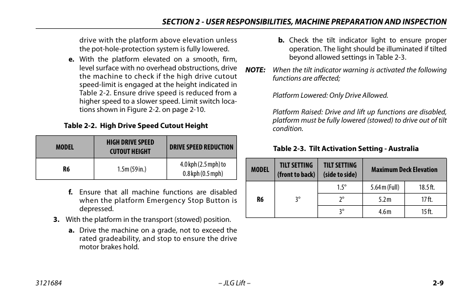 High drive cutout height -8, Tilt activation setting - australia -9 | JLG R6 User Manual | Page 31 / 92