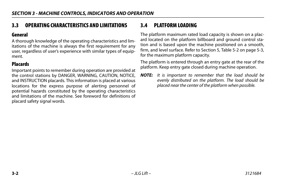 3 operating characteristics and limitations, General, Placards | 4 platform loading, Operating characteristics and limitations -2, General -2 placards -2, Platform loading -2 | JLG R6 User Manual | Page 34 / 92