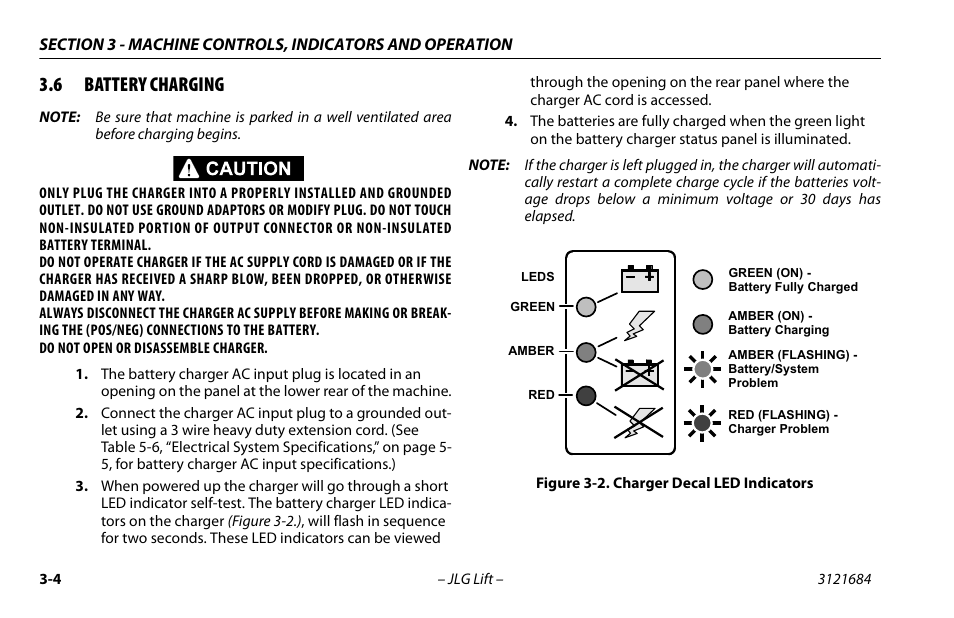 6 battery charging, Battery charging -4, Charger decal led indicators -4 | JLG R6 User Manual | Page 36 / 92
