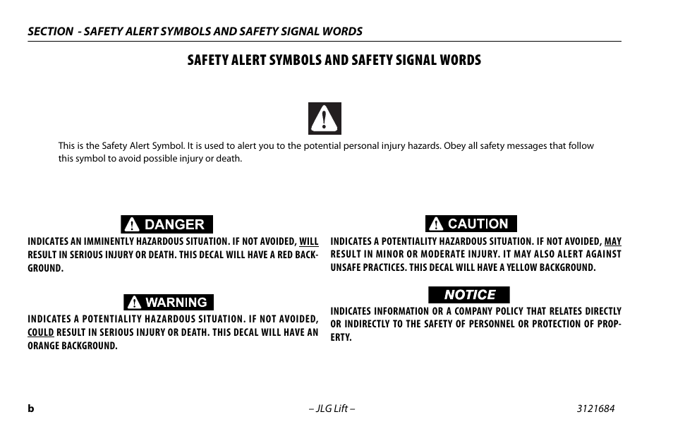 Safety alert symbols and safety signal words | JLG R6 User Manual | Page 4 / 92
