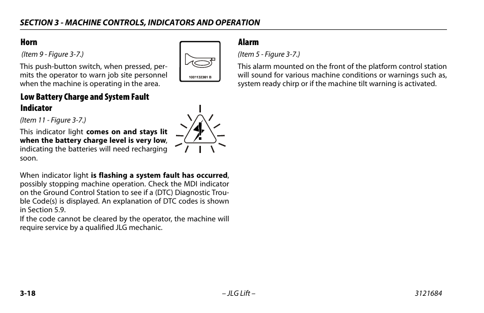 Horn, Low battery charge and system fault indicator, Alarm | JLG R6 User Manual | Page 50 / 92