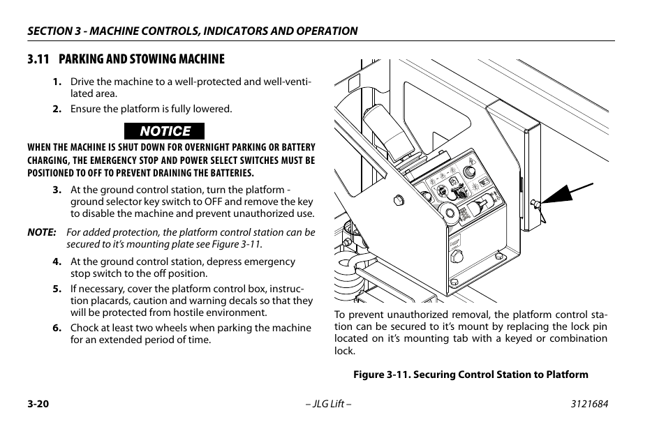 11 parking and stowing machine, 11 parking and stowing machine -20, Securing control station to platform -20 | JLG R6 User Manual | Page 52 / 92